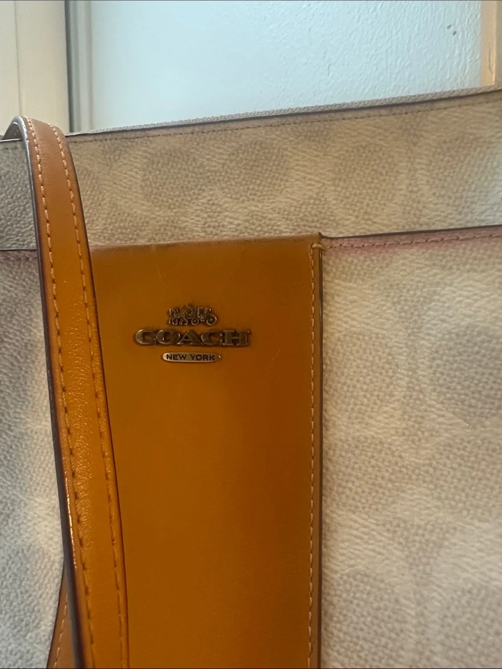 Coach White Canvas Crossbody with Gold Leather Center Panel